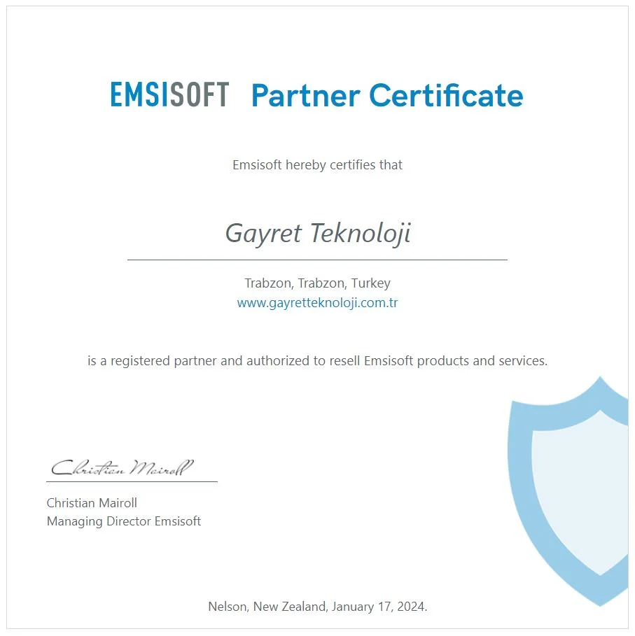 Emsisoft Partner Sertifikası: Gayret Teknoloji, Trabzon, kayıtlı partner ve Emsisoft ürün ve hizmetlerinin yetkili satıcısıdır. 17 Ocak 2024.