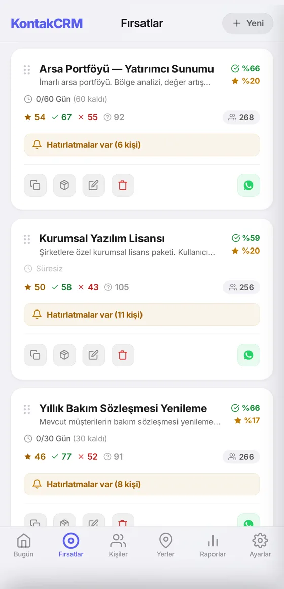 KontakCRM fırsatlar ekranı