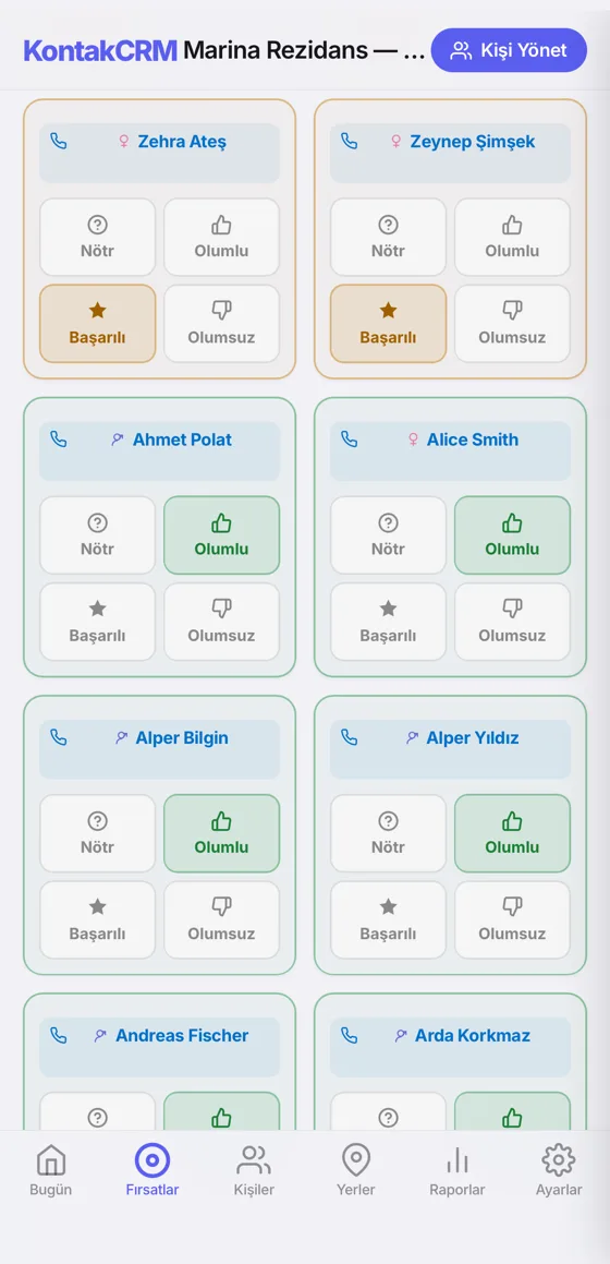 KontakCRM ekranı: Her kişinin ilgi durumu tek dokunuşla: nötr, olumlu, başarılı, olumsuz