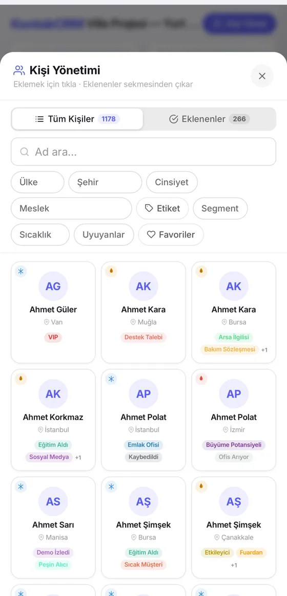 KontakCRM ekranı: Kişi yönetimi: ülke, şehir, meslek, etiket, segment ve sıcaklığa göre süzme