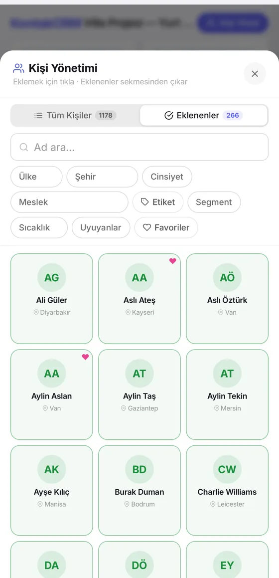 KontakCRM ekranı: Fırsata eklenen kişiler tek listede toplanır