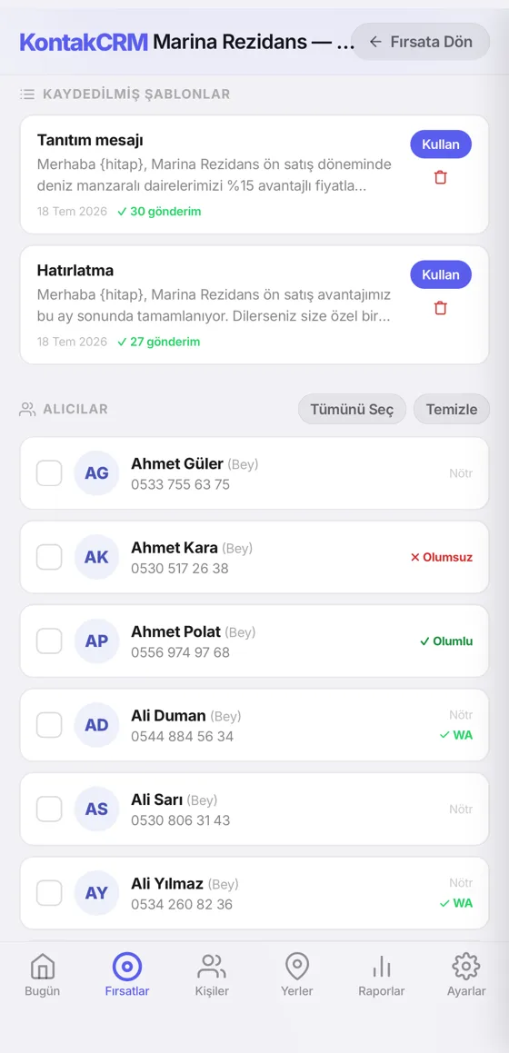 KontakCRM ekranı: Kayıtlı WhatsApp şablonları ve gönderim takibi